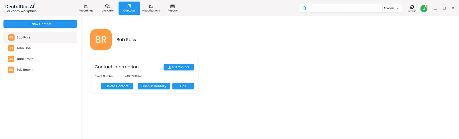 Contact card with direct number, call button and Open in Dentally action