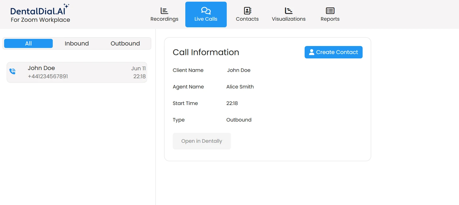 Live call view showing an active outbound call with client and agent details and an Open in Dentally button