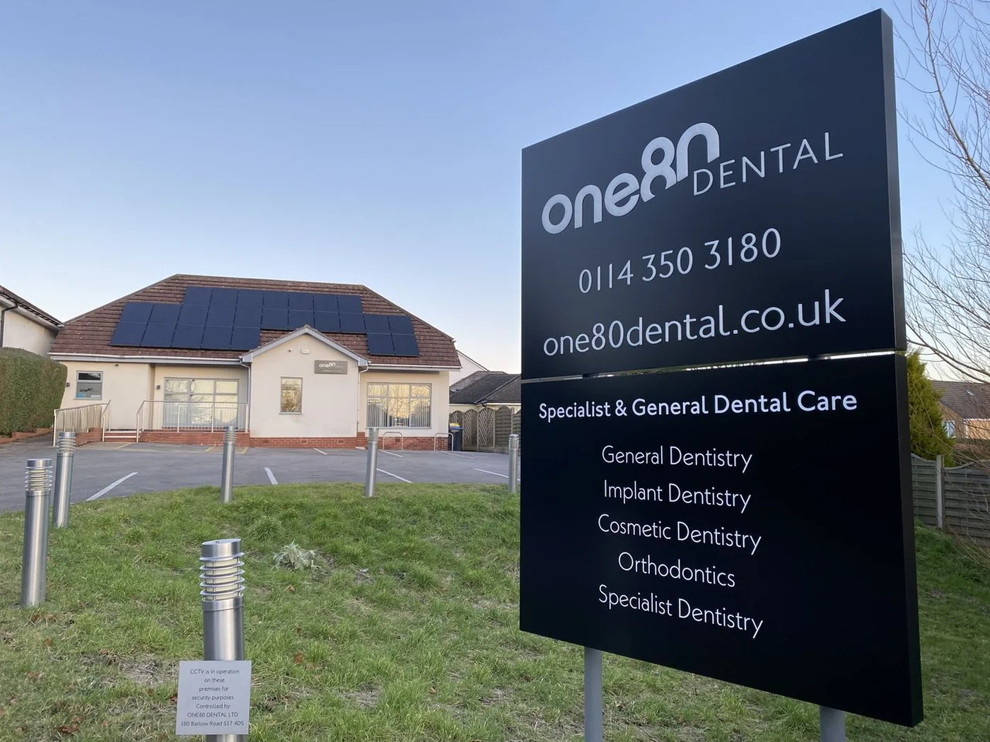 One80 Dental practice in Sheffield, with its practice sign listing specialist and general dental care