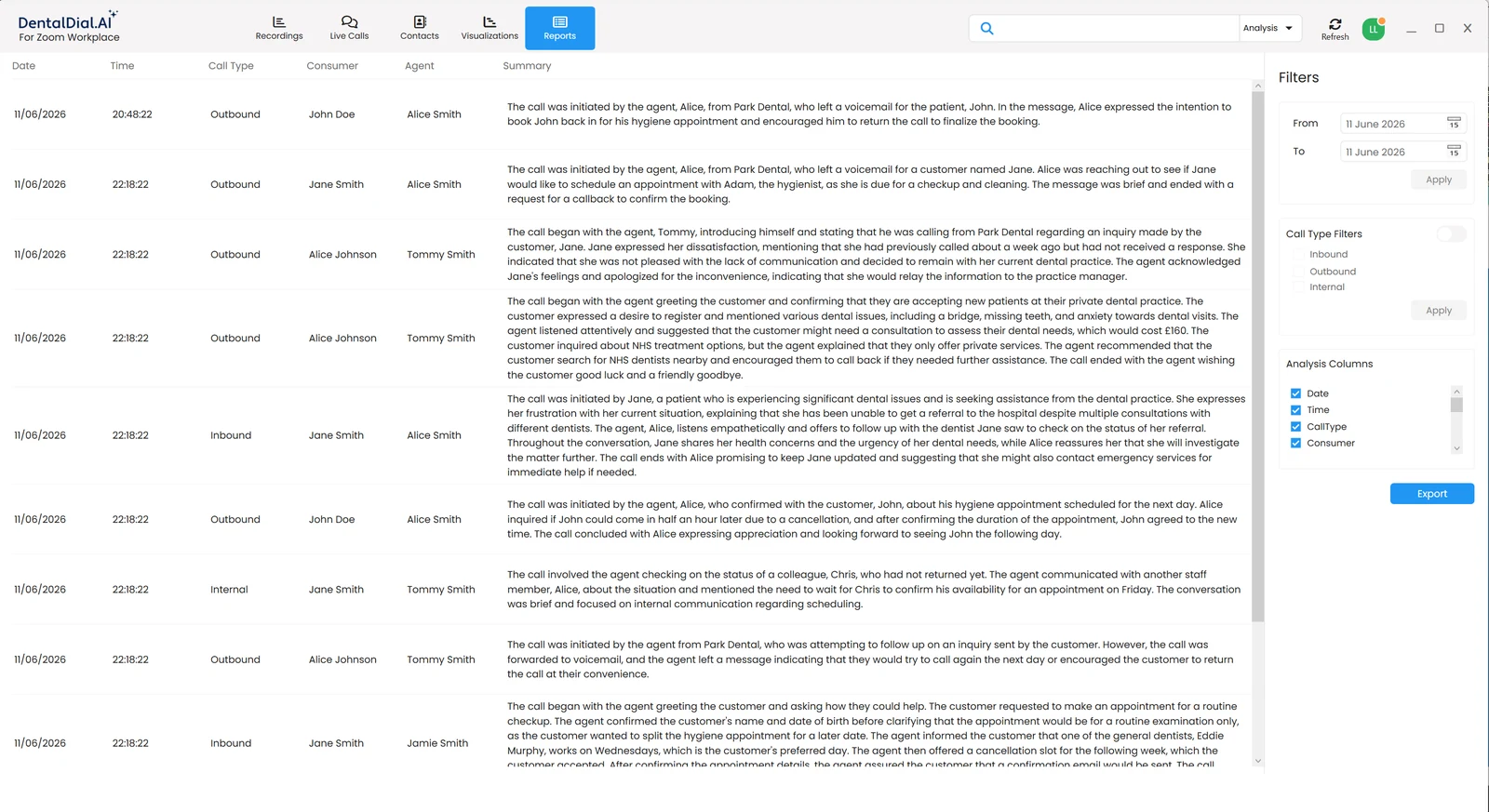 Reports view with a filterable table of call summaries that can be exported